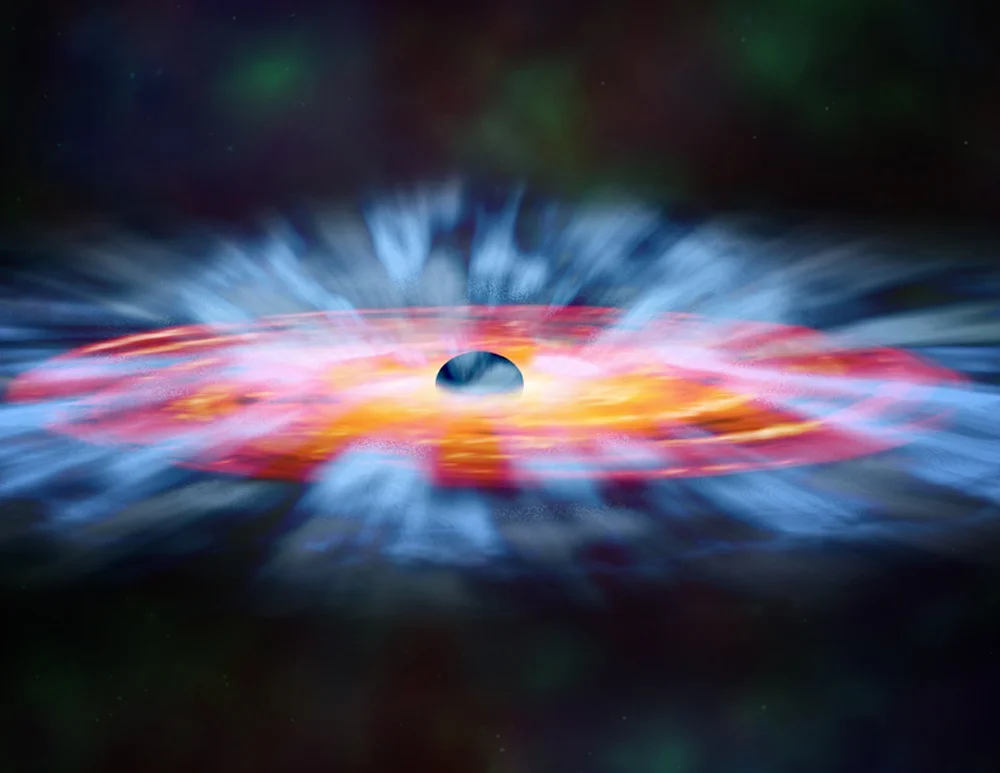 In this artist's illustration, turbulent winds of gas swirl around a black hole. Some of the gas is spiraling inward toward the black hole, but another part is blown away. Image credit: NASA, and M. Weiss (Chandra X -ray Center)