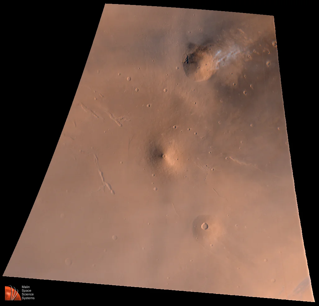 Volcanic Region, Mars Elysium Volcanic Region View, By Mars Global Surveyor's Camera (Note Bright Clouds). Image credit: NASA.