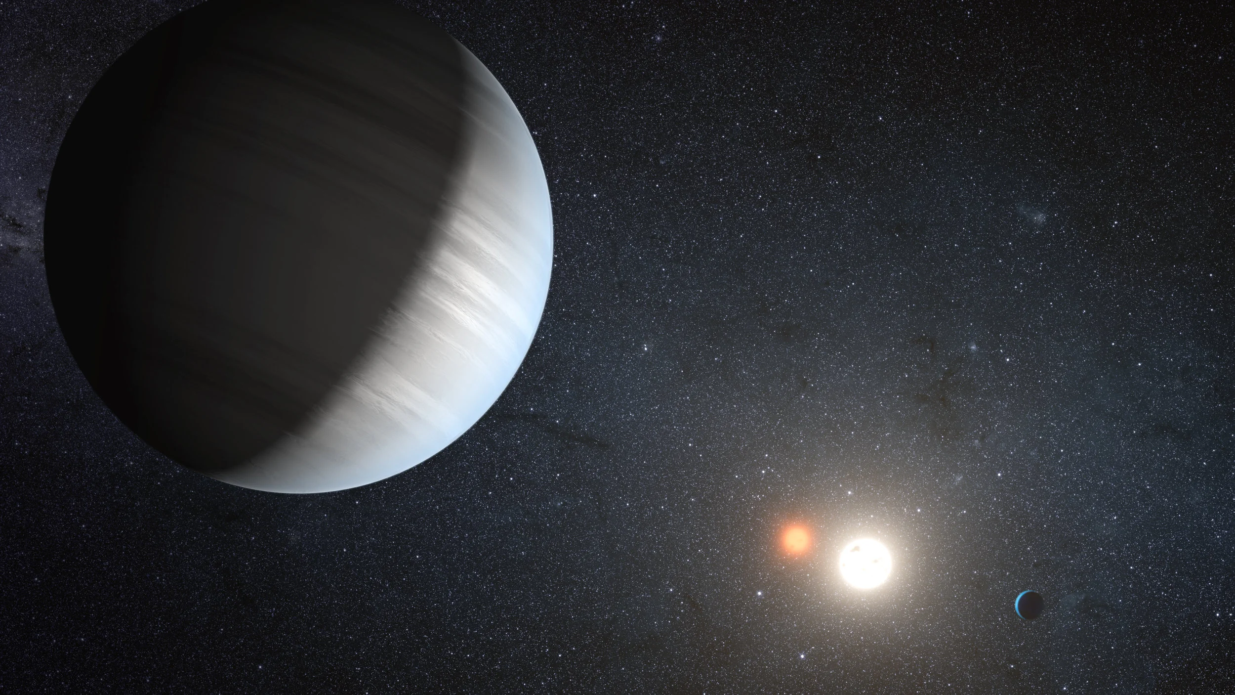 This artist's concept illustrates Kepler-47, the first transiting circumbinary system. Image credit: NASA Ames/JPL-Caltech/T. Pyle