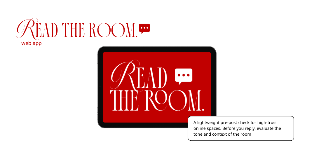 Red graphic promoting the “Read the Room” web app, shown on a tablet screen with messaging about evaluating tone and context before posting in online communities.