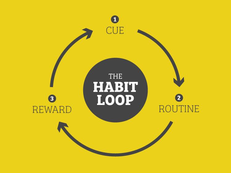 There are three components to the Habit Loop: Cue, Routine, Reward.