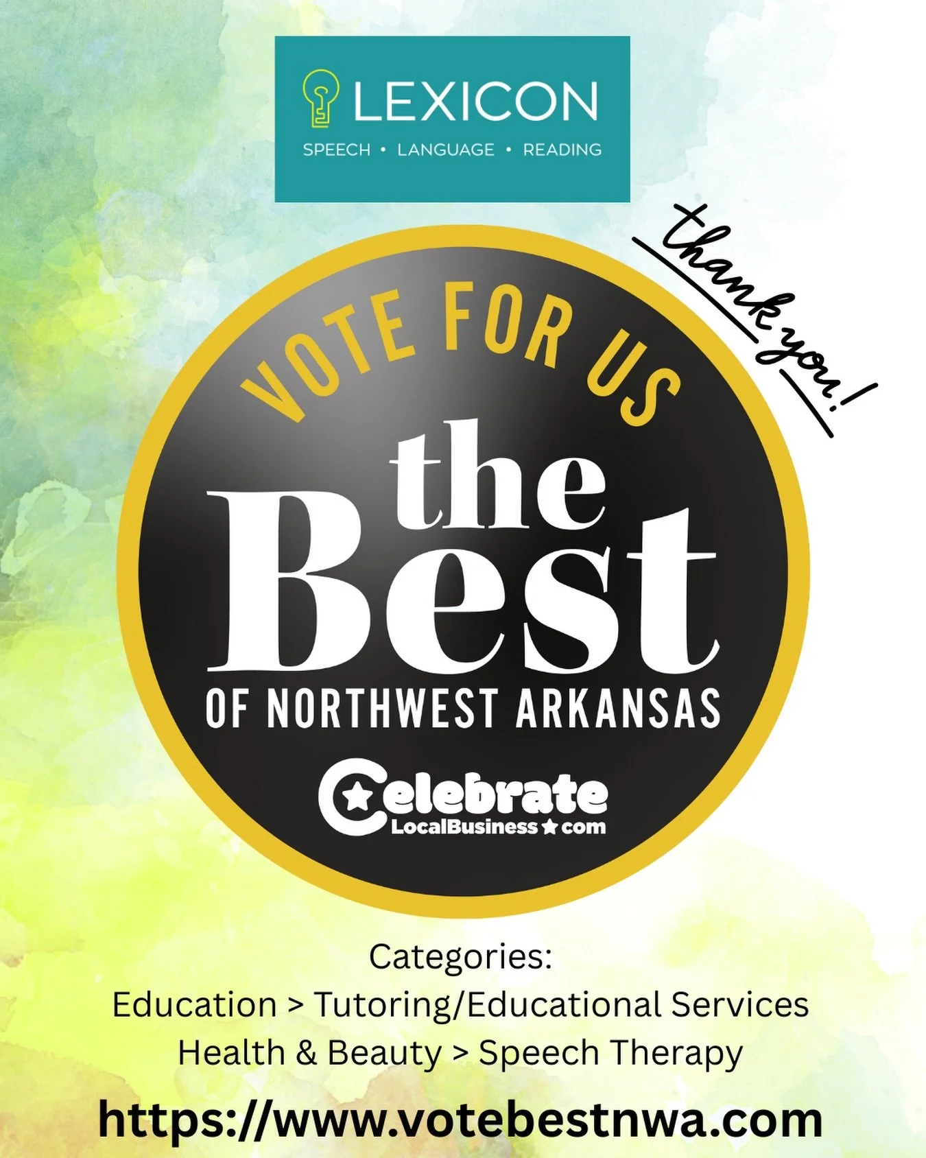 We are so grateful to have been nominated for the Best of NWA again this year! It is a privilege to support your children&rsquo;s speech, language and literacy needs 🗣️📚

If you&rsquo;d like to vote for us, please visit votebestnwa.com and cast you