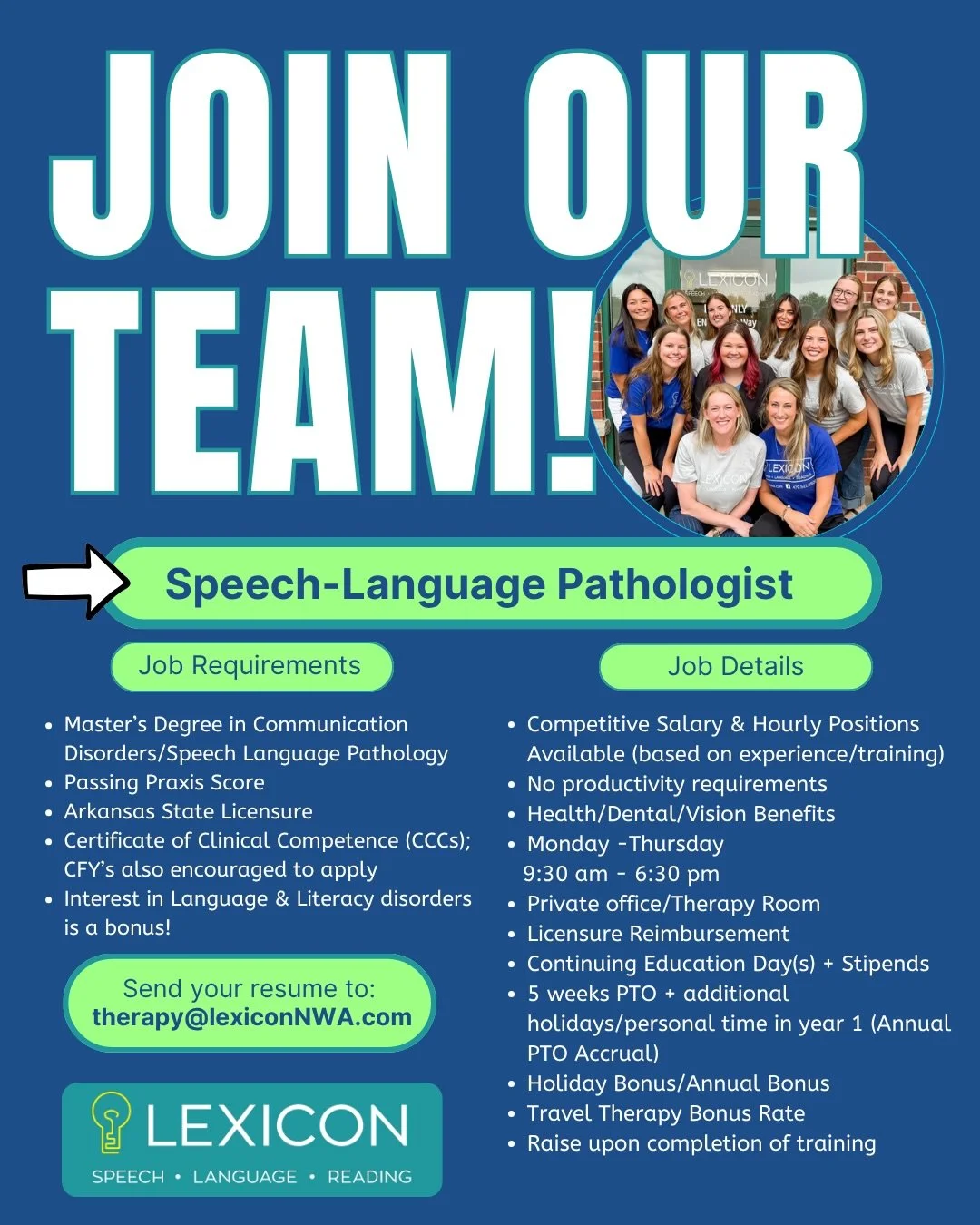 📣SLPs and CALTs- We&rsquo;re hiring! Especially if you love all things literacy and language! 

Email us at therapy@lexiconNWA.com 😎