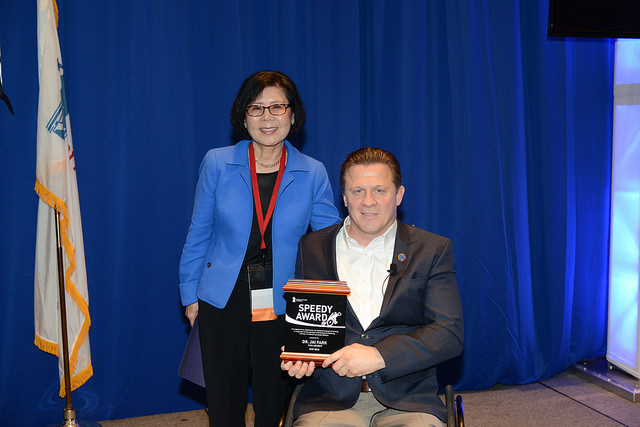 Dr. Jai Park receiving the non-member Speedy Award for 2016. This award is given “in recognition of significant contributions to improving the lives of America’s paralyzed veterans.”
