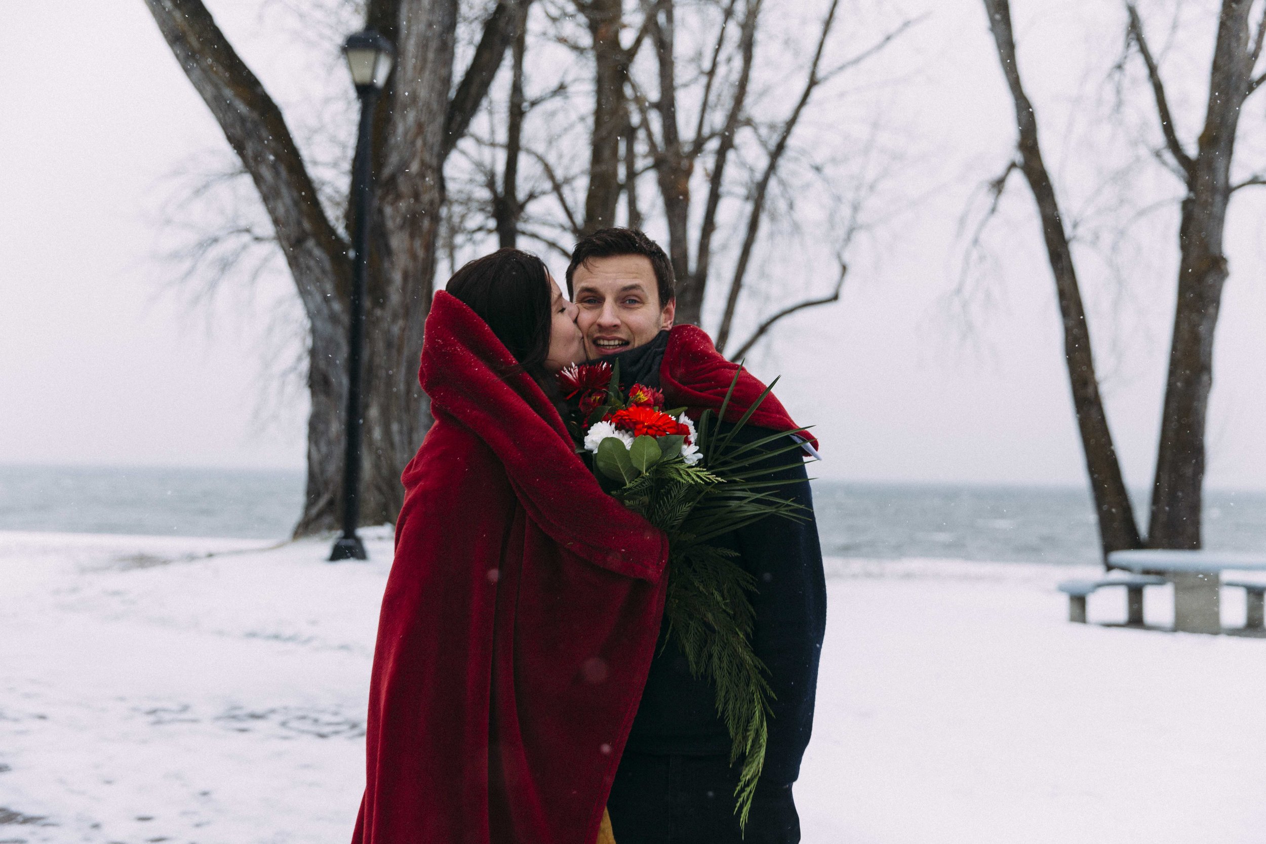 Winter engagement at Gyro beach in Kelowna