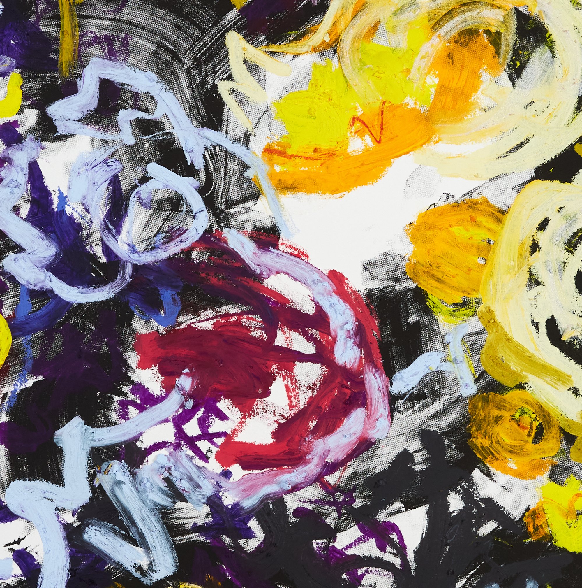  BECOMING SOMEONE ELSE: COMPLIMENTARY YELLOW AND PURPLE (MONOPRINT), 2023, Oil stick and paper monoprint (black), 40 x 30 inches, labeled “M.P.,” signed, and dated, unframed (DETAIL)