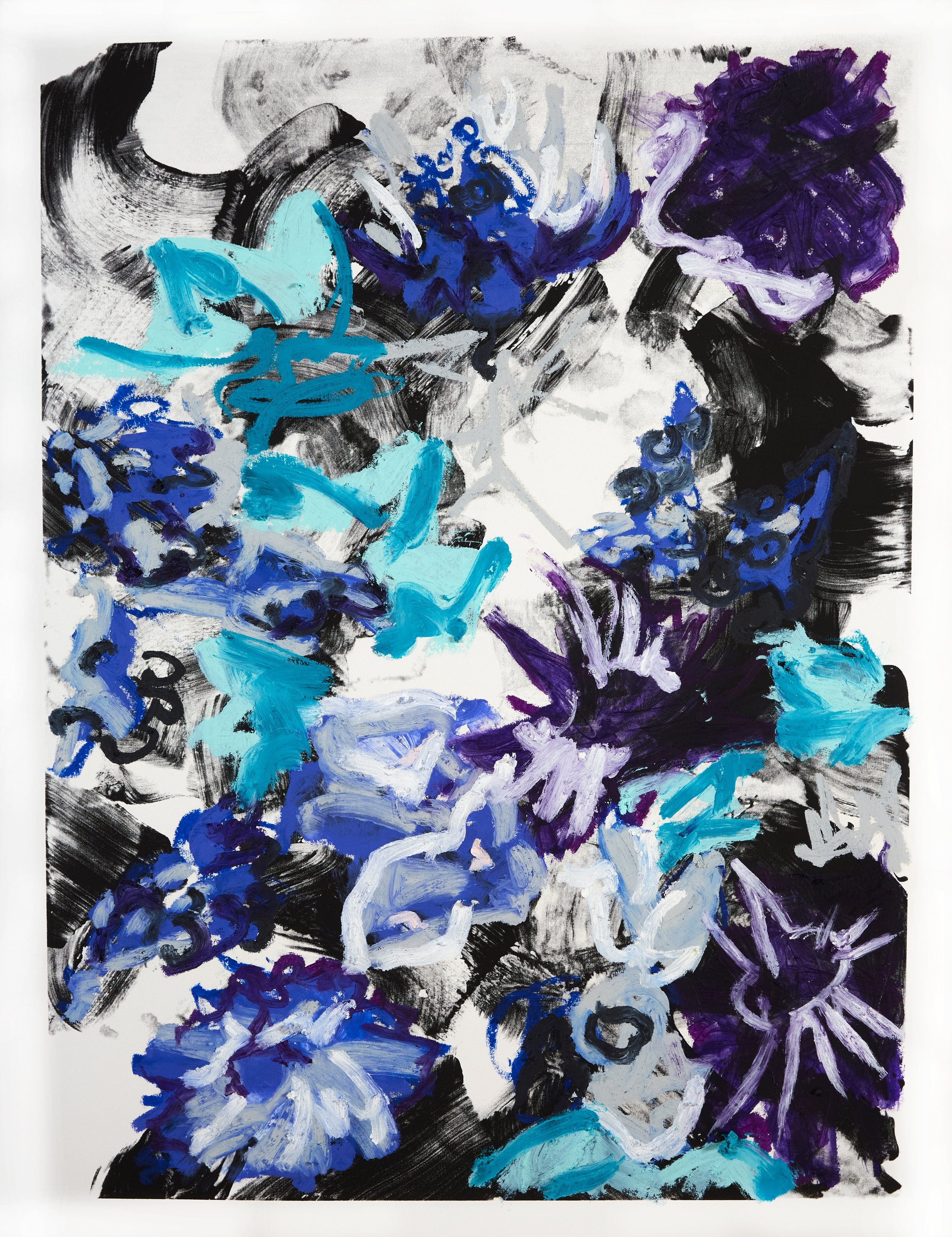 BECOMING SOMEONE ELSE: BLUE, TURQUOISE, AND PURPLE (MONOPRINT), 2023, Oil stick, paper monoprint (black), 40 x 30 inches, labeled “M.P.,” signed, and dated, unframed