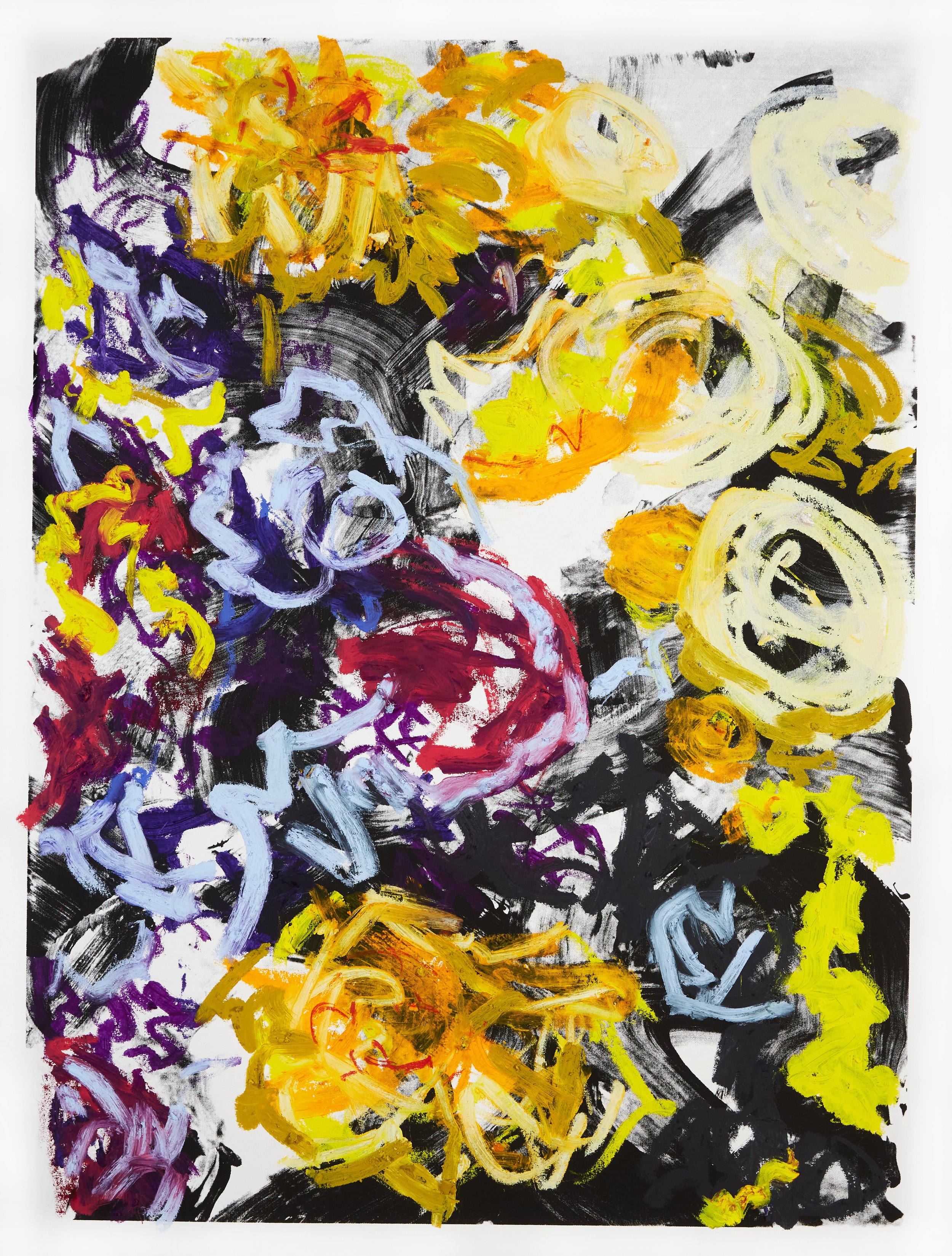  BECOMING SOMEONE ELSE: COMPLIMENTARY YELLOW AND PURPLE (MONOPRINT), 2023, Oil stick and paper monoprint (black), 40 x 30 inches, labeled “M.P.,” signed, and dated, unframed, Private Collection