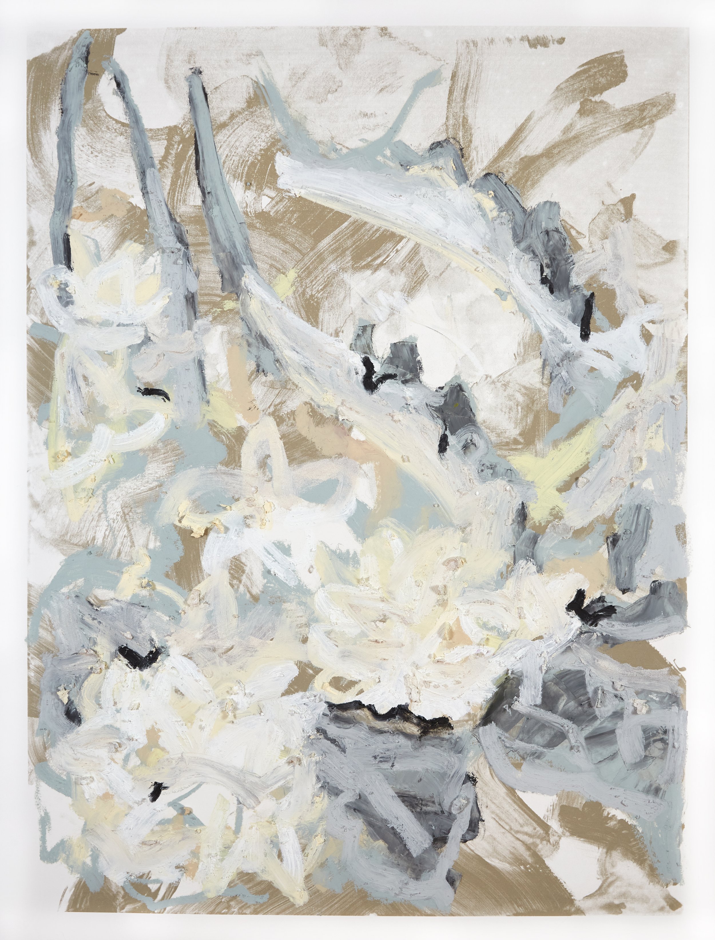 BECOMING SOMEONE ELSE: PEARLESCENT, GREY, AND WHITE (MONOPRINT), 2023  Oil stick, paper monoprint (quartz), 30 x 40 inches; labeled “M.P.,” signed, and dated, unframed, Private Collection