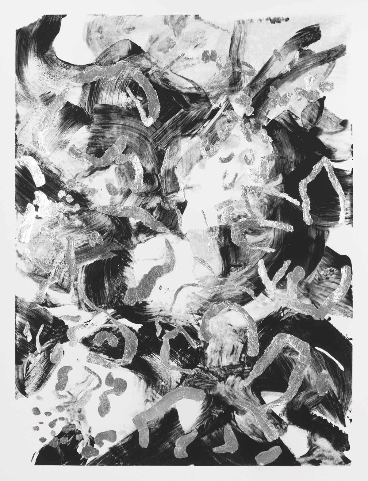 BECOMING SOMEONE ELSE: ALUMINUM (MONOPRINT), 2023, Aluminum leaf, paper monoprint (black), 40 x 30 inches, labeled “M.P.,” signed, and dated, unframed