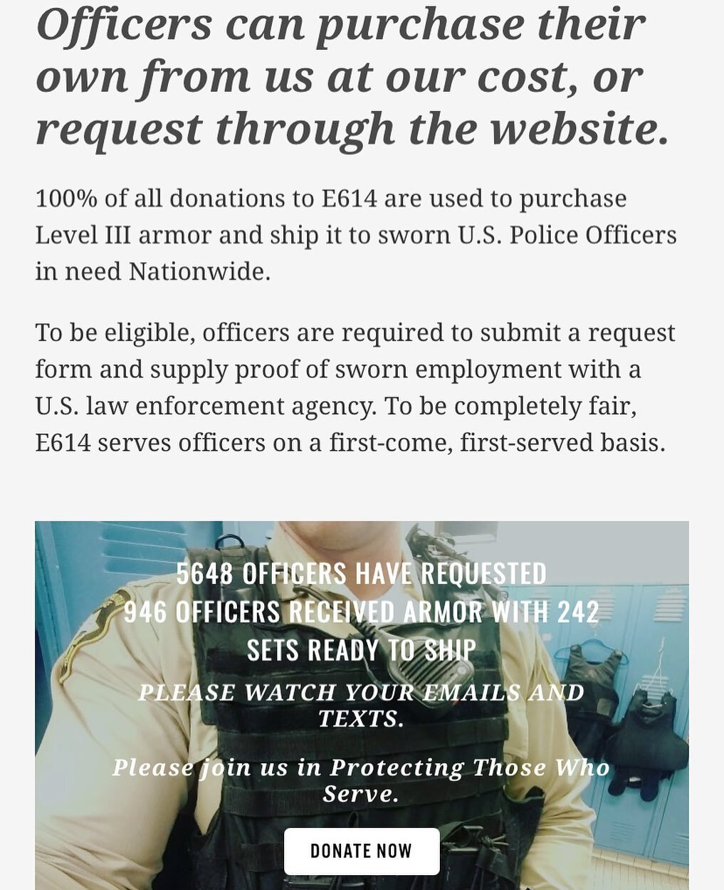 Our site e614.org is up to date on officers served. However, our donation page is broken but the PayPal donate still works! We are working diligently to get it fixed and will let you guys know when It is. Everyone have an awesome, SAFE weekend! 
#e61