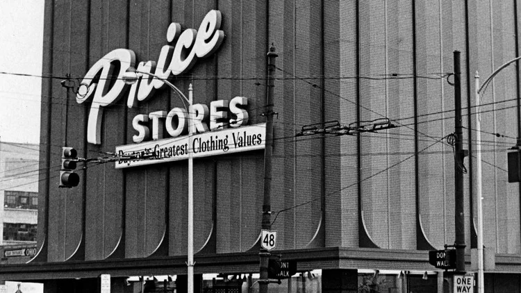 Exterior shot of Price Stores, 1972. At the time of the photo, the building's old brick exterior had recently been covered with a modern metal facade. The store is at Fourth and Jefferson streets in downtown Dayton.