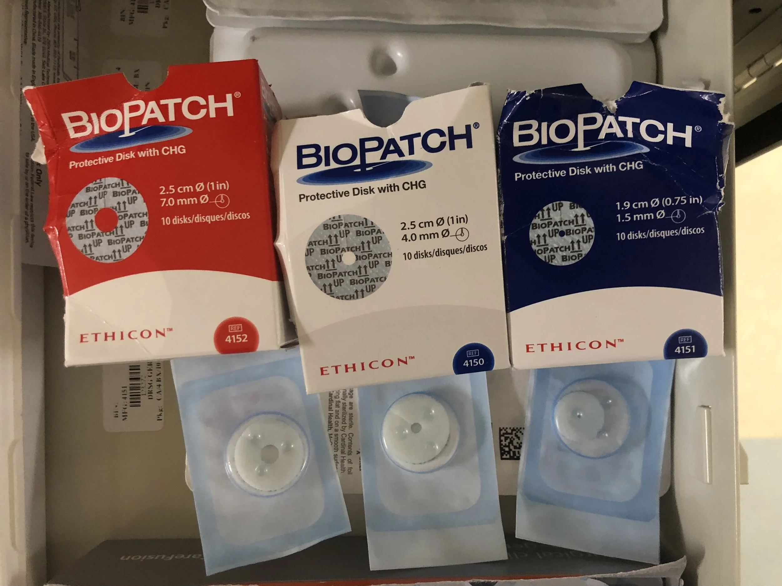 The biopatch is used to help prevent line infection. We stock three sizes - the red (largest) is used for large bore lines such as a vascath or trialysis, the white (middle sized) is used for triple lumen or quad lumen catheters, and the blue (smallest) is used for a-lines