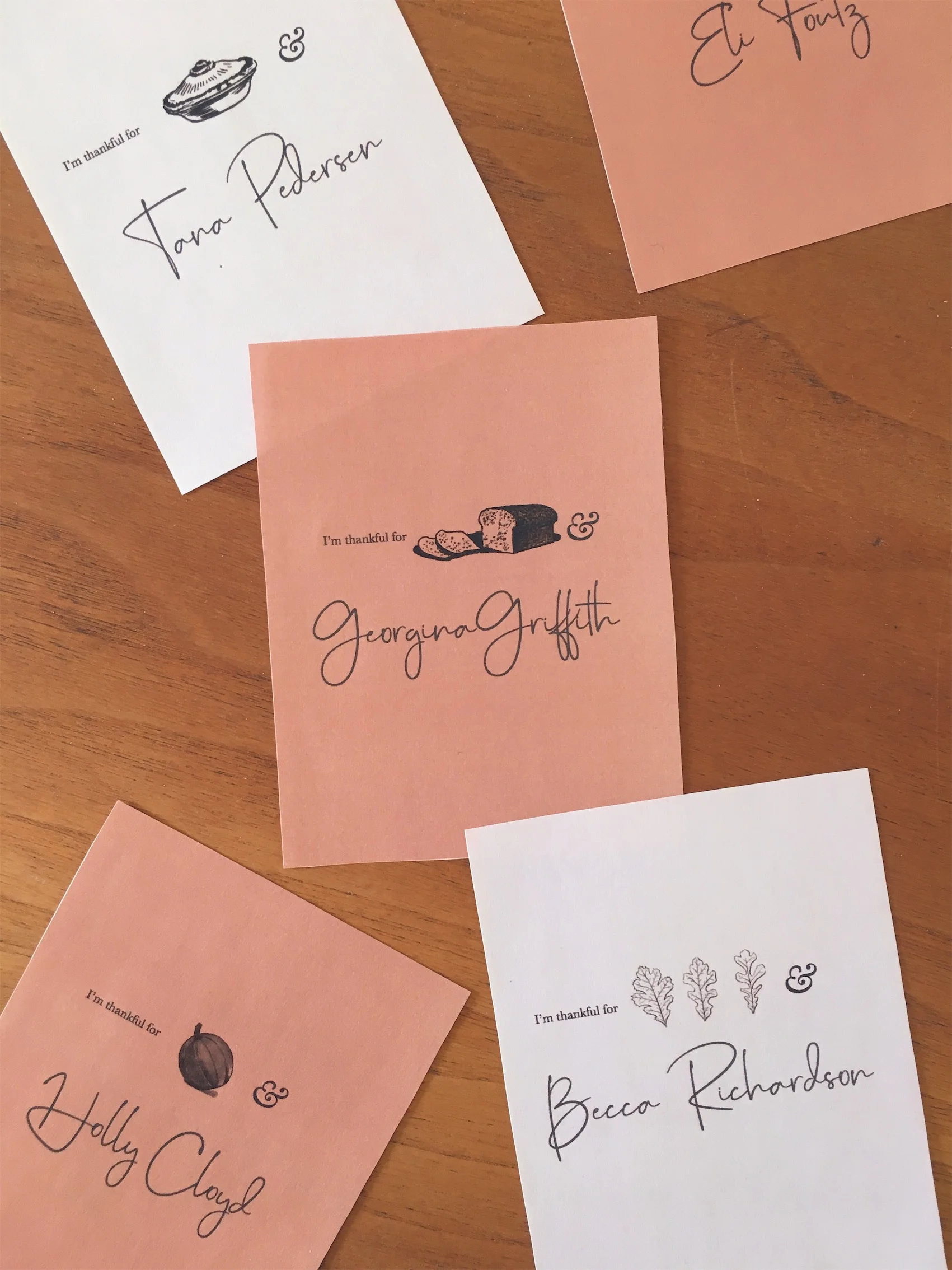 Each downloadable sheet will be printed and cut into four place settings. We tried to follow a very seasonal theme. We have items like pie, bread, pumpkins, cranberries, turkey, fall leaves, etc showcased on these printable place settings.