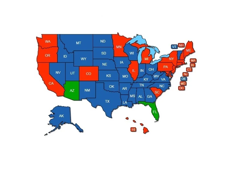 Arizona and Florida Reciprocity Map (states in blue recognize the non-resident permit).