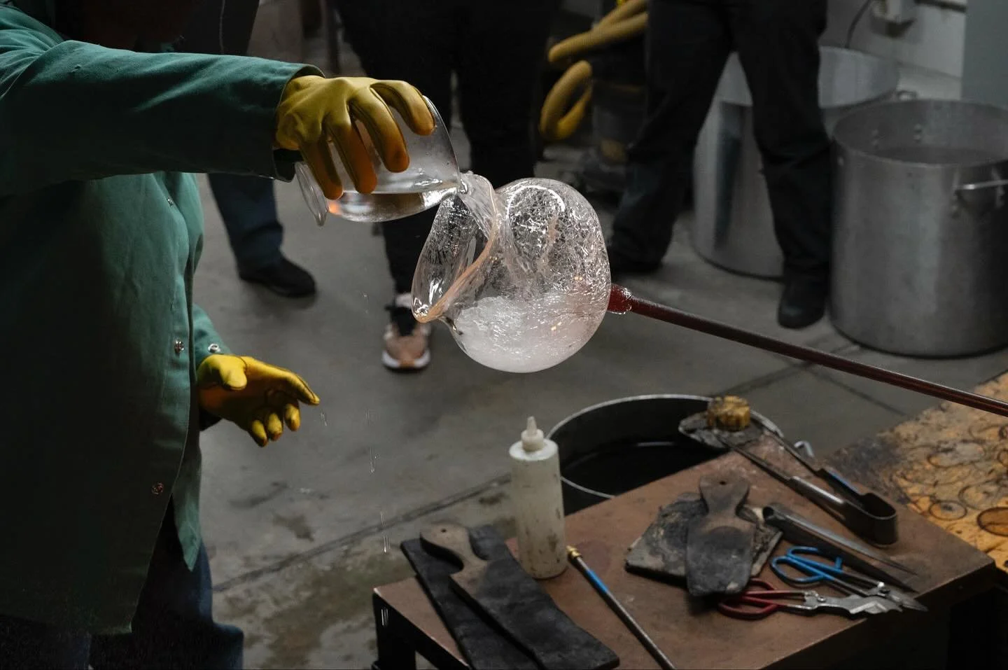 We had a magical Hot Nights with Denise Markonish. She challenged students to respond to select phenomena through hot glass and they did not disappoint!  We had stressed/distressed vessels, steaming crackling glass projected as it disintegrated and m