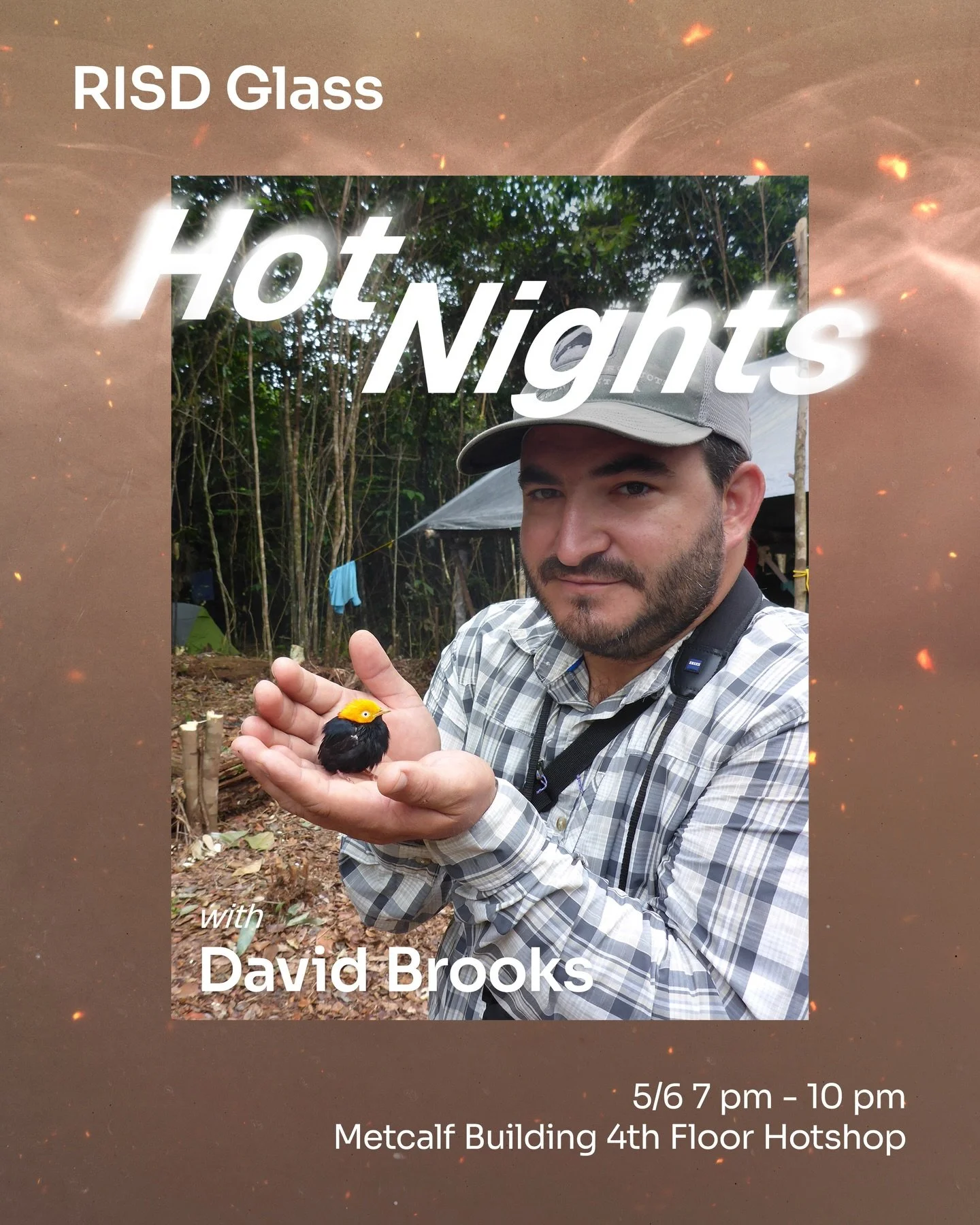 Join us this Wednesday night as we host artist David Brooks in our hotshop from 7&ndash;10 pm for the final HotNights event of the semester! See the hotshop in action as David asks questions of the glass. 

Open to the public&mdash;come stay for a bi