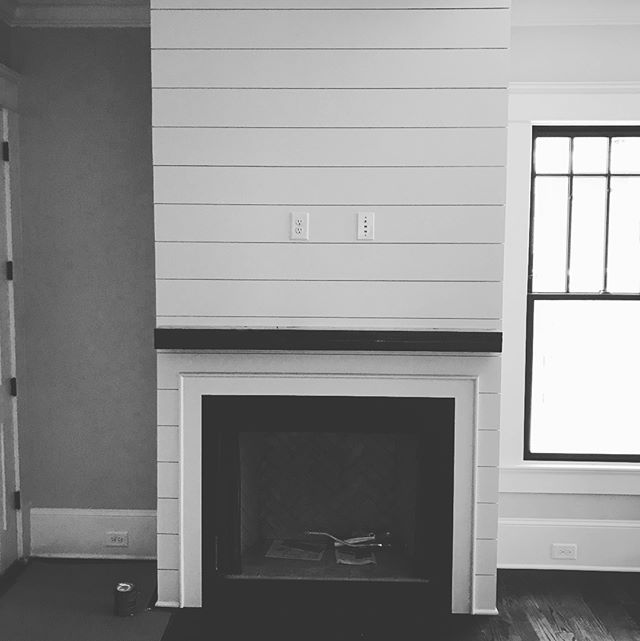 An emergency mantle finished and installed for a home renovation in #virginiahighlands. Back to the benches. #interiordesignatlanta #mantle #fireplace #shiplap #woodworking