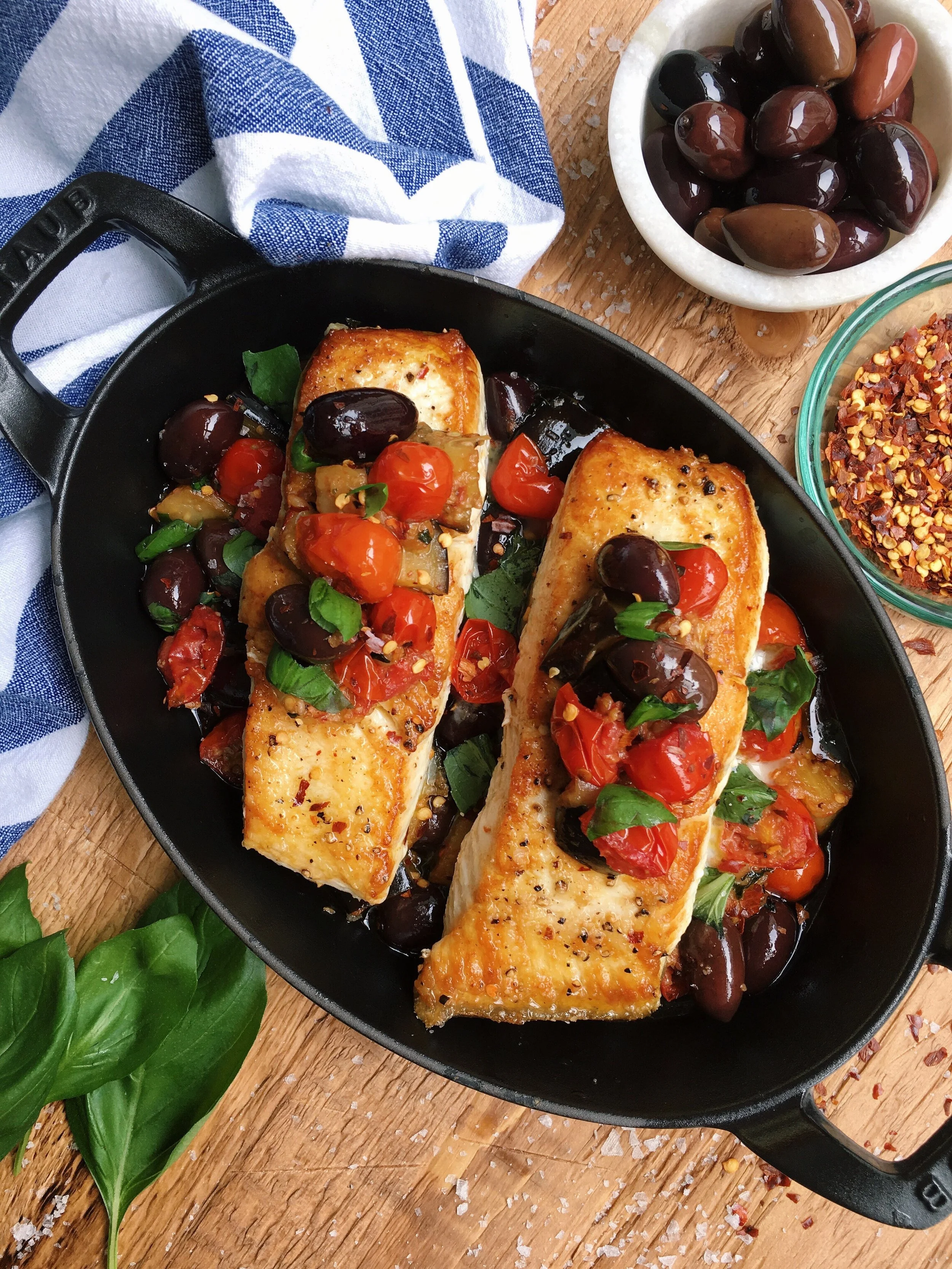 Seared Halibut with Eggplant, Tomatoes & Olives