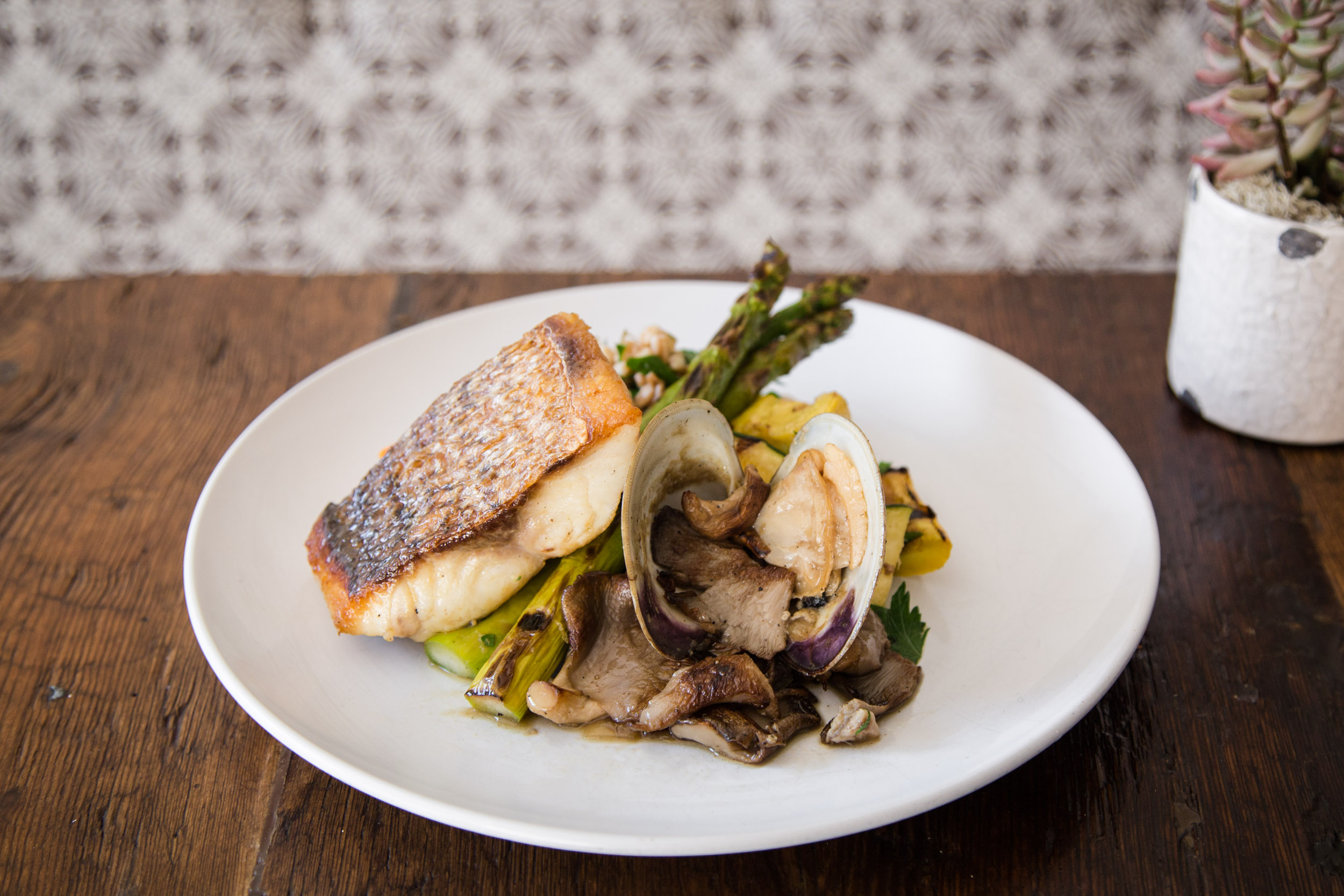 Crispy-Skin Striped Bass topped with a Leek, Wellfleet Clam, Vermouth, and Wild Mushroom Sauce