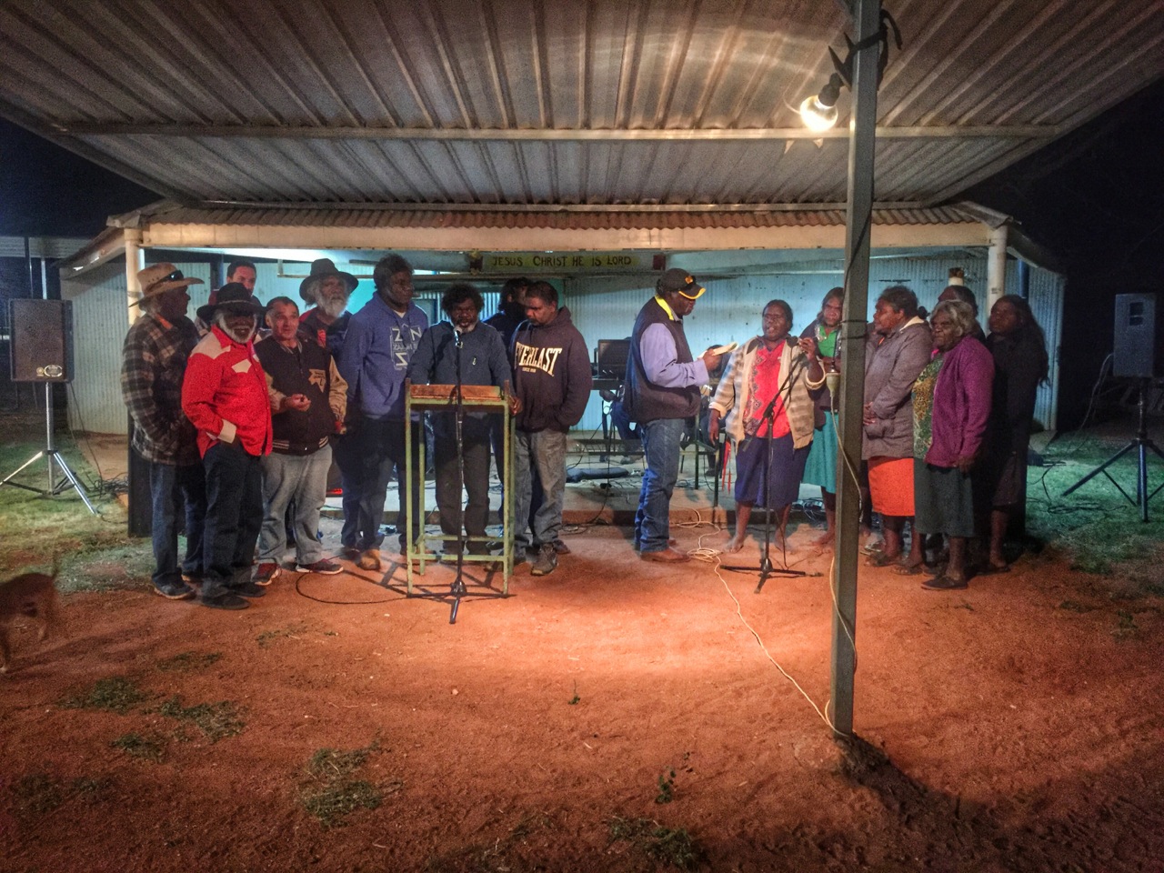 Pictured: The singalong at Lake Nash Church dedication went for 8 hours last Saturday. 