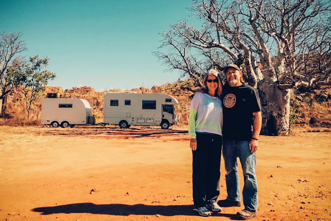 Pictured: Kerrie and me and the beloved motorhome ‘Matilda’ with a classic Kimberley backdrop.