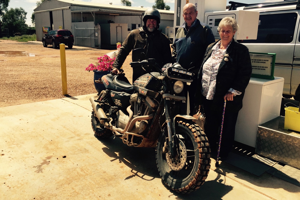  Pictured: Dave and Sue from the town of Quilpie donated a tank of fuel for the Crossing Australia Harley.