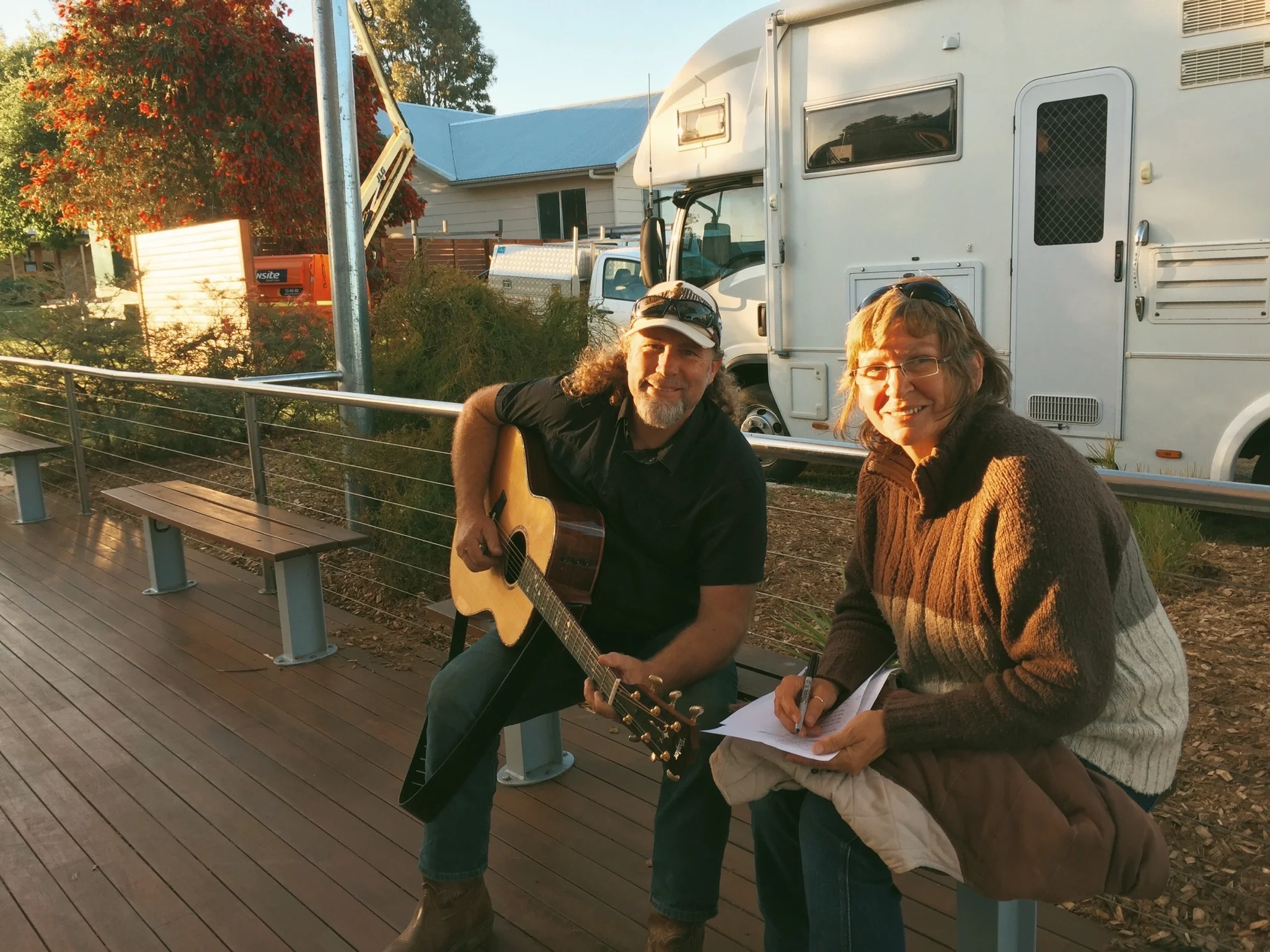 Pictured: Steve with Wendy Robertson working on the final lyrics to the new Wongutha School song before the concert.