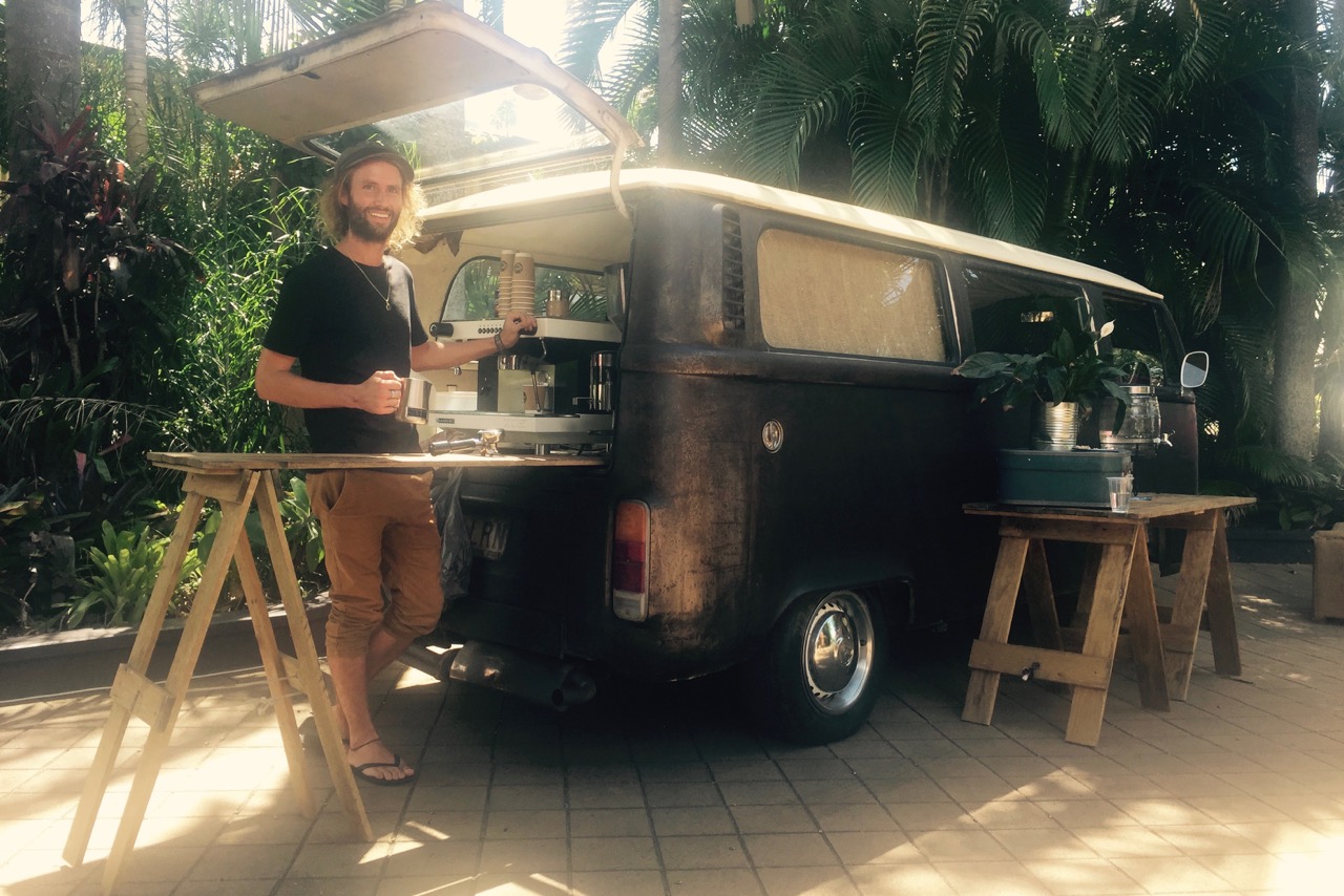 Pictured: Cheyne Grace at work with the Kombi Cafe at Eastgate Church in Byron Bay.