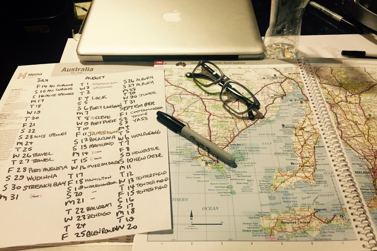 Pictured: The never ending adventure of maps and calendars and ministry tours across Australia..