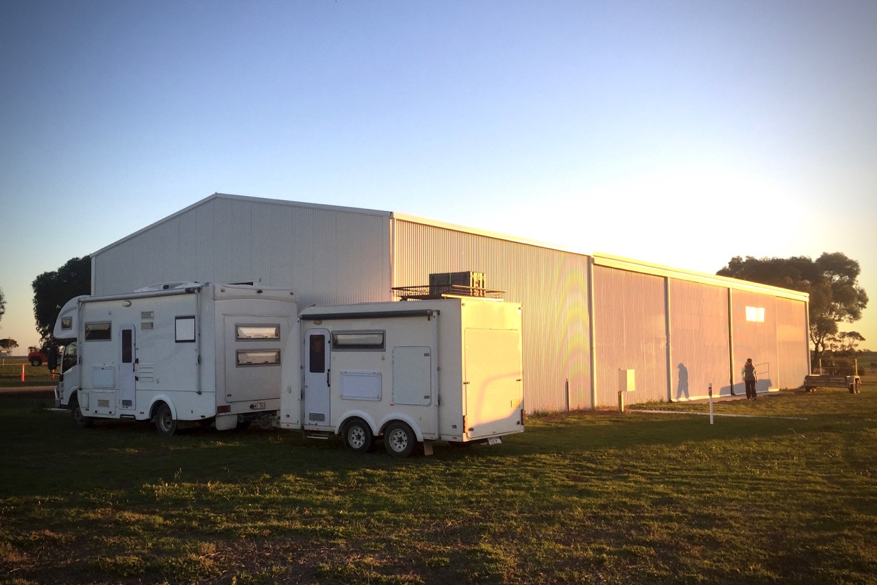 Pictured: The hard working Motorhome ready to unload at another concert destination. A big shed near Cleve, South Australia.