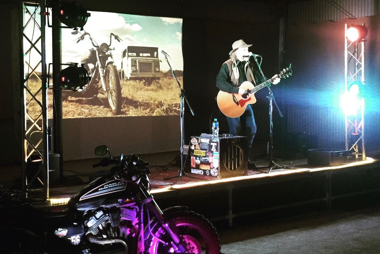 Pictured: The Crossing Australia Harley and Steve in action in a big shed near Cleve, SA.
