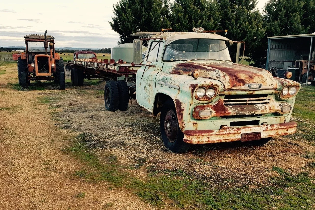 Pictured: An old school '58 prime mover still working hard on the farm in the Mallee country of Victoria.