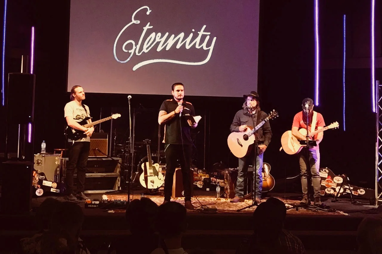 Pictured: Ryan Grace speaking at the Living Waters Church in Kyabram, Victoria