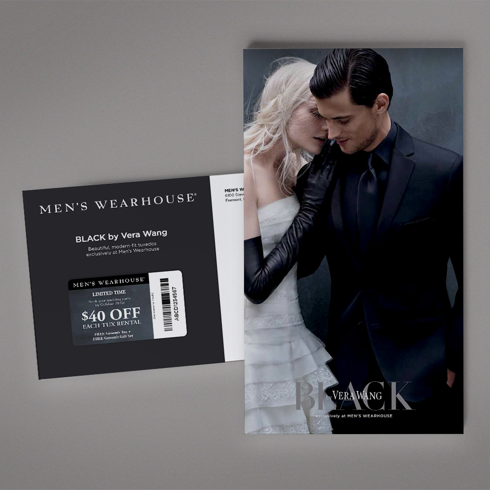 Men’s Wearhouse Direct Mail: When it’s BLACK by Vera Wang, it better be good—and this elegant direct mail program targeting engaged couples delivered with style