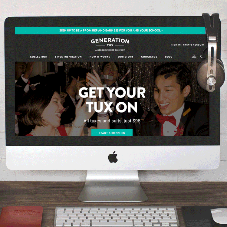Generation Tux Landing Pages: Prom season can be stressful, so we sweetened it with a smartwatch sweeps to promote online tuxedo rental service 