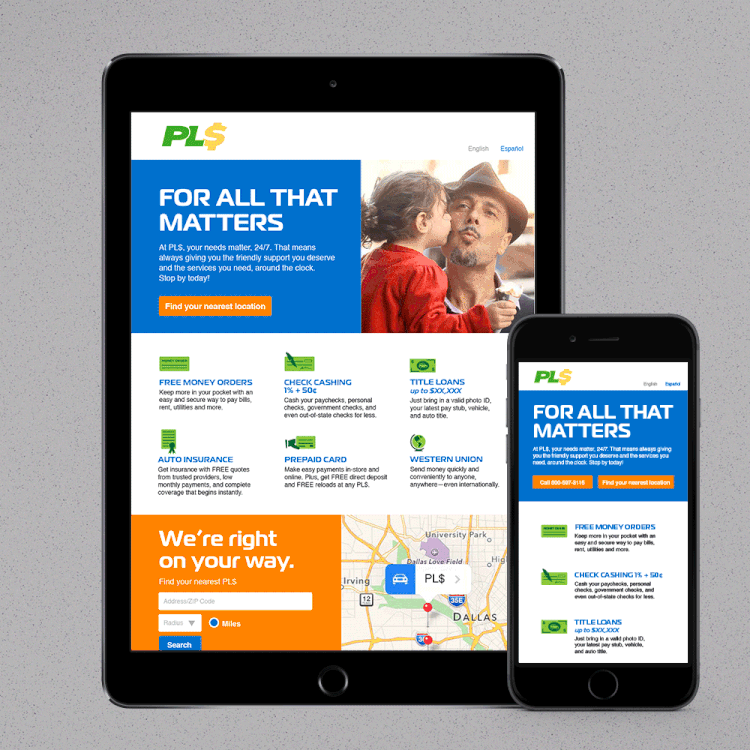 PLS Responsive Landing Pages: Optimized for mobile, these landing pages highlighted localized content and a mapping feature to increase retail traffic