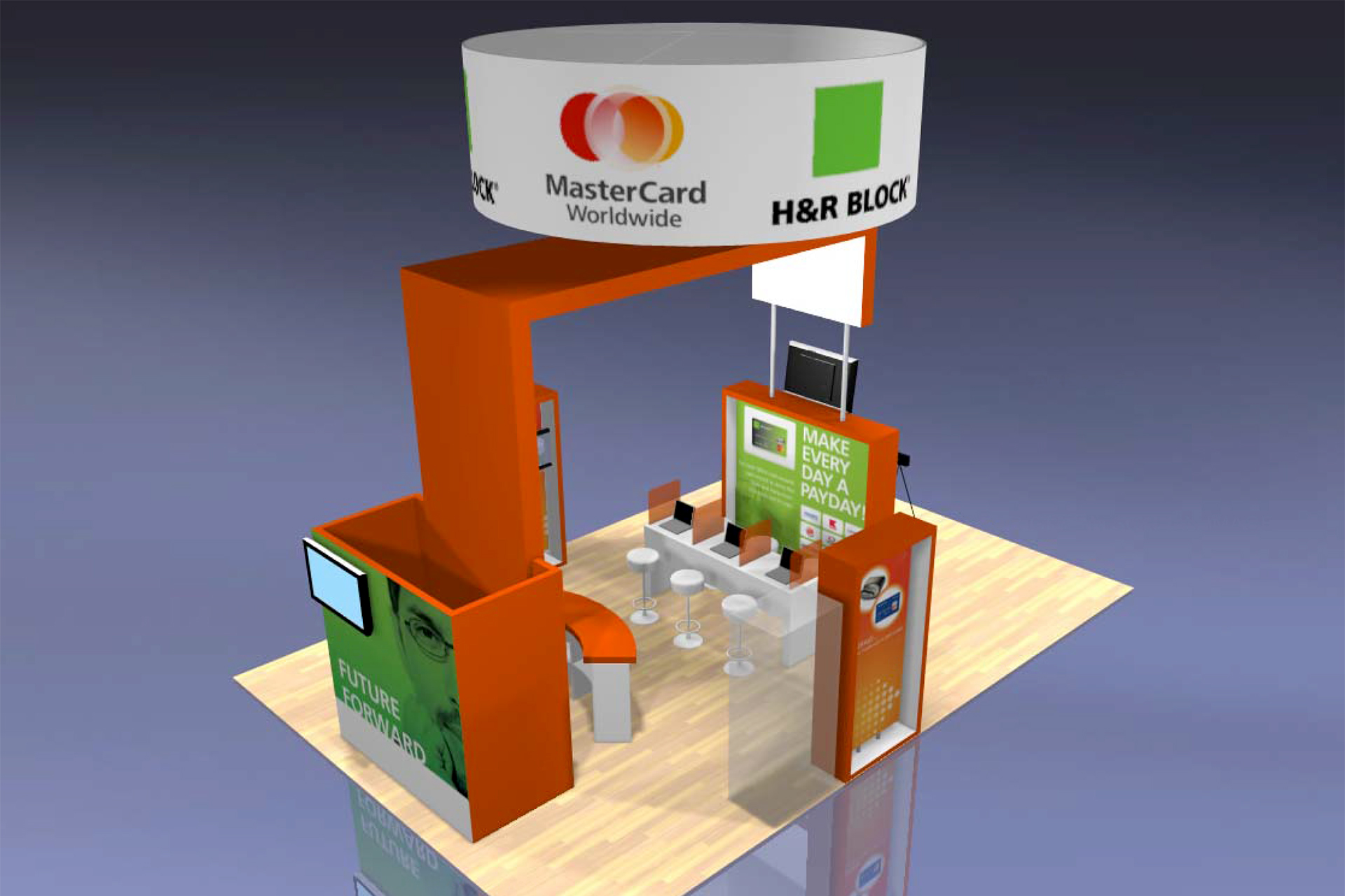 H&R Block Trade Show Booth: Conceived for H&R Block's annual convention, our theme of "Tomorrow's Tools for Today's Clients" was realized through a forward-thinking booth design, product videos, mobile app demonstrations, and more