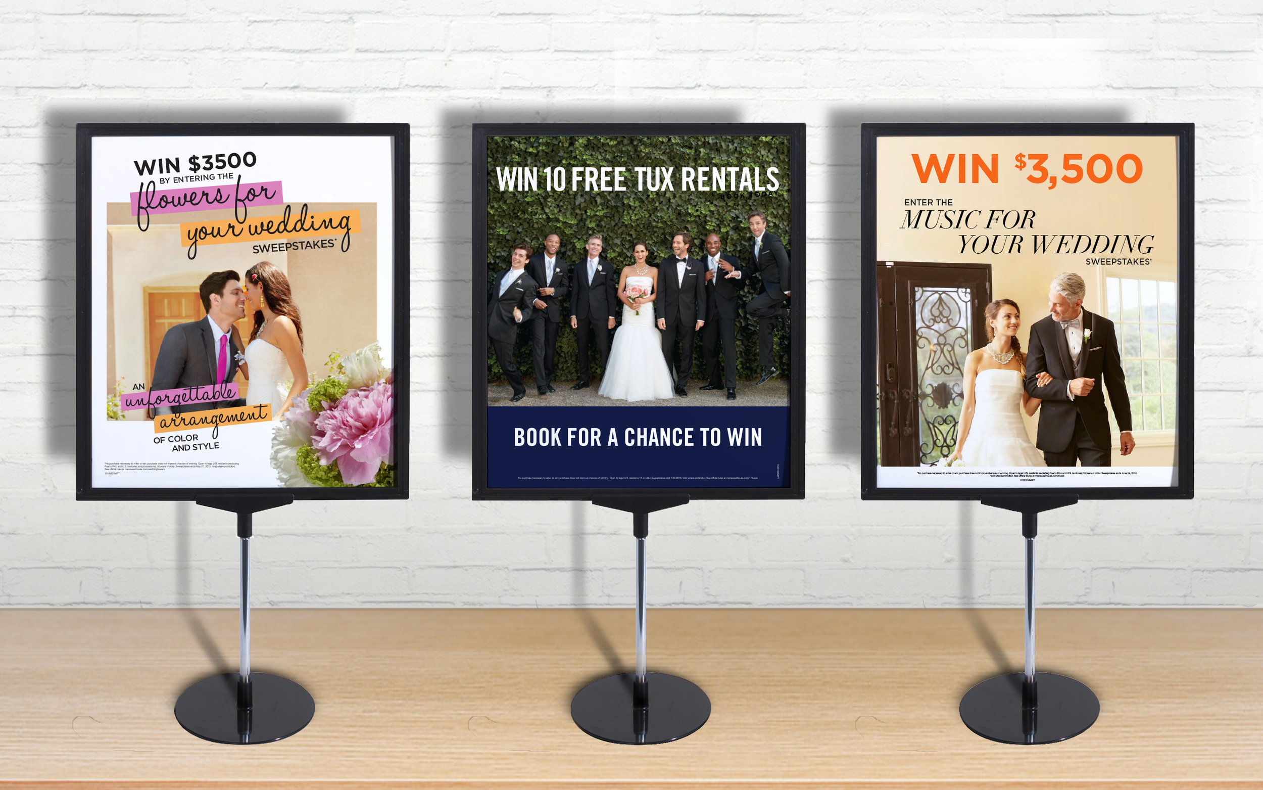 Men's Wearhouse Retail Signage: From sweepstakes to gifts with purchase, our monthly in-store promotions used unconventional approaches for a men's clothing store, by appealing to that other influencer: the groom’s future spouse