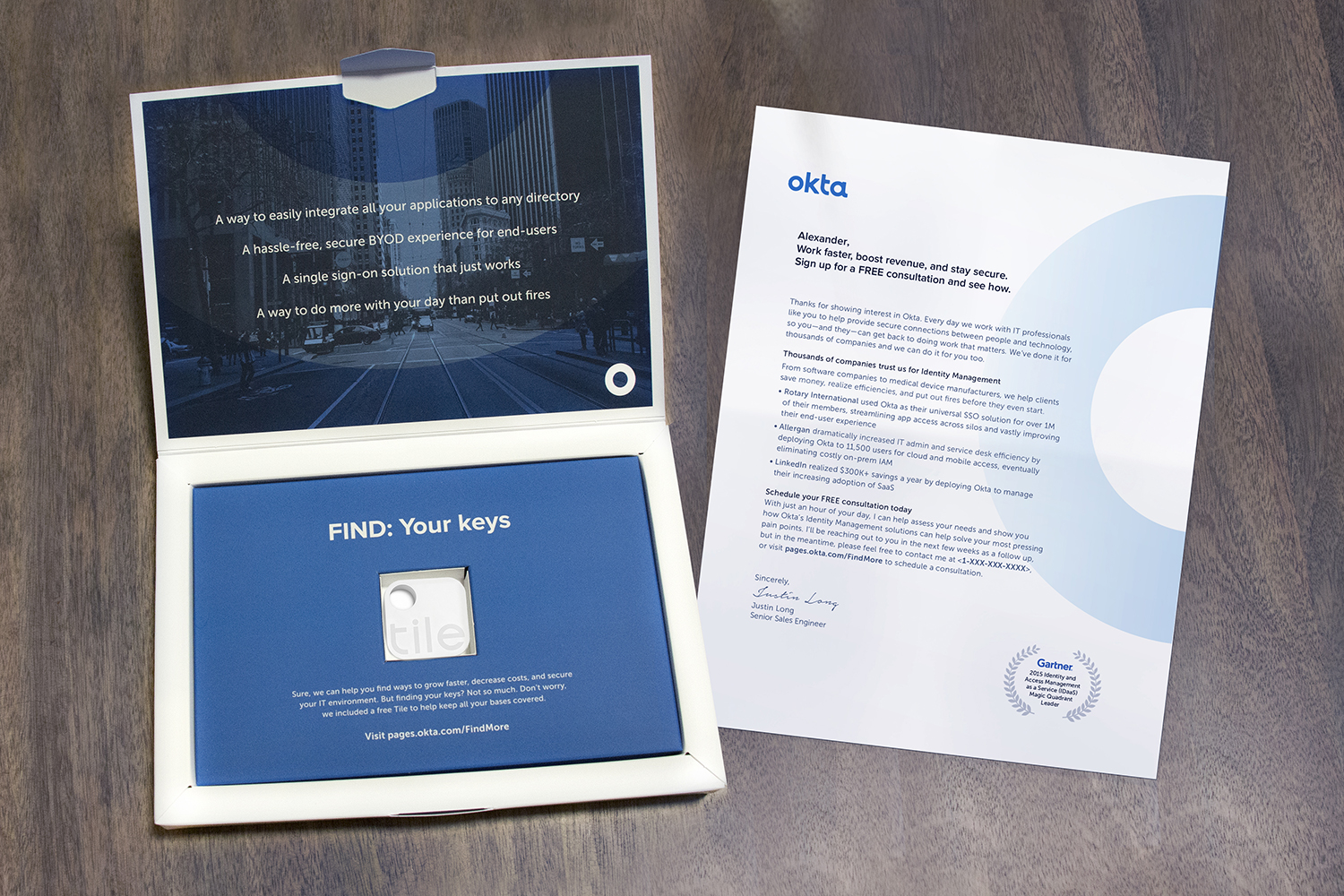 Okta Dimensional Mailer : This award-winning direct mail package helped fuel a “meeting-maker” program that the client described as one of its most successful ever