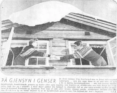From Dagbladet in 1955. Fashion Reporter Love Yngve Andersen writes about the success of designer Unn Søiland and uses the image from the movie Troll i ord, with Unn Søiland's sweaters Geilo and Marius as images for the article.