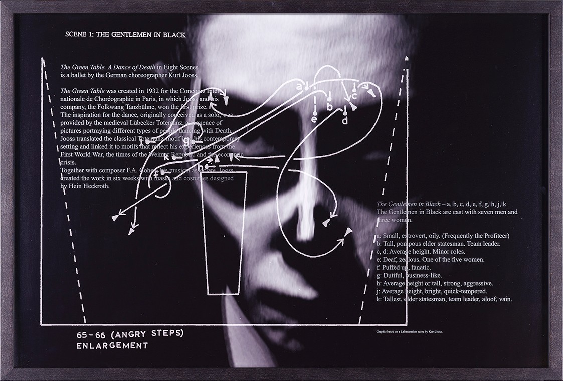 Collage (photo, text/graphic engraved in acrylic glass), based on Labanotations by Kurt Jooss