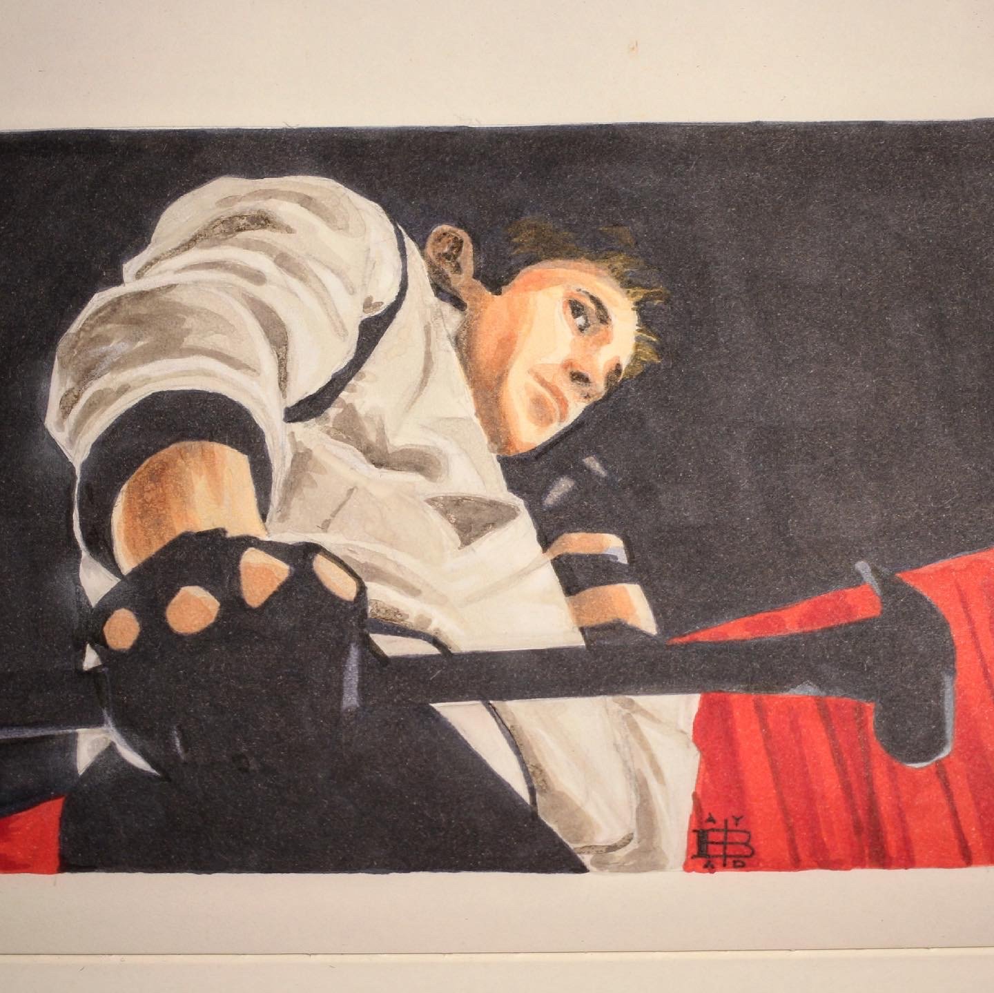 A watercolor painting of a young man with short brown hair, dressed in a white jacket with black accents, sitting with his legs crossed against a black and red background.