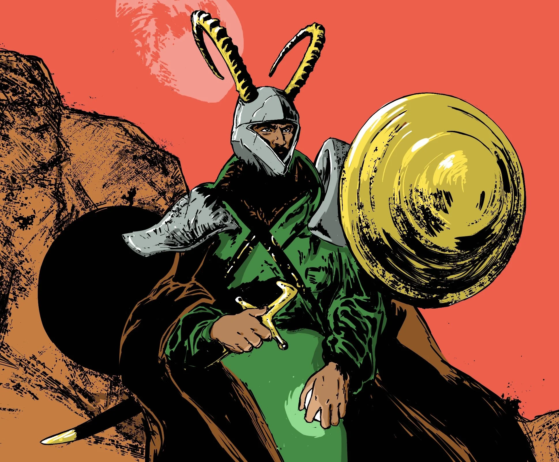 A stylized comic illustration of a knight wearing a helmet with rabbit ear antennas, holding a large golden shield, and a sword while riding a brown horse against an orange background with a pink sun.