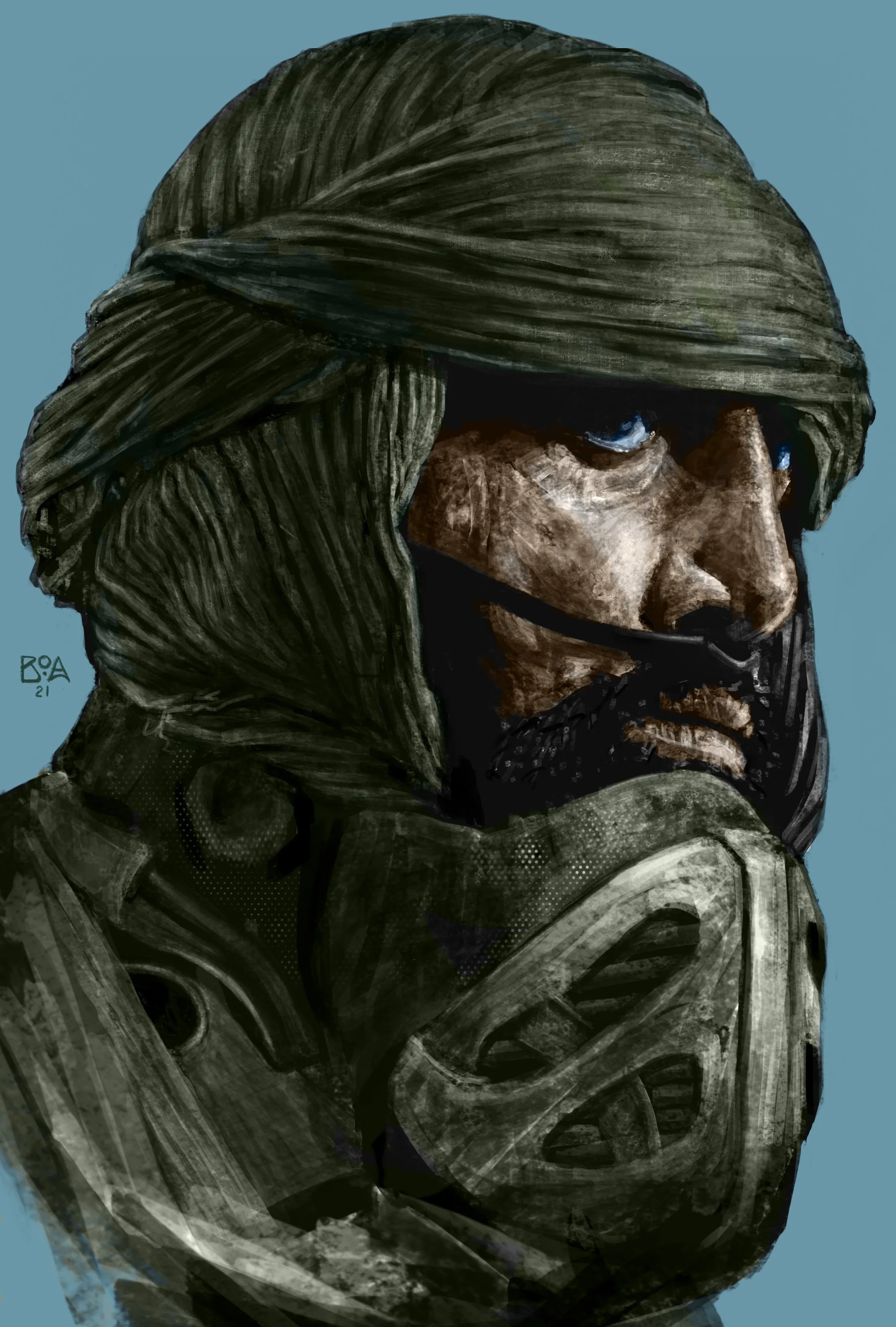 Digital artwork of a soldier wearing a gas mask and a turban, with a focus on his eyes and facial expression against a plain background.