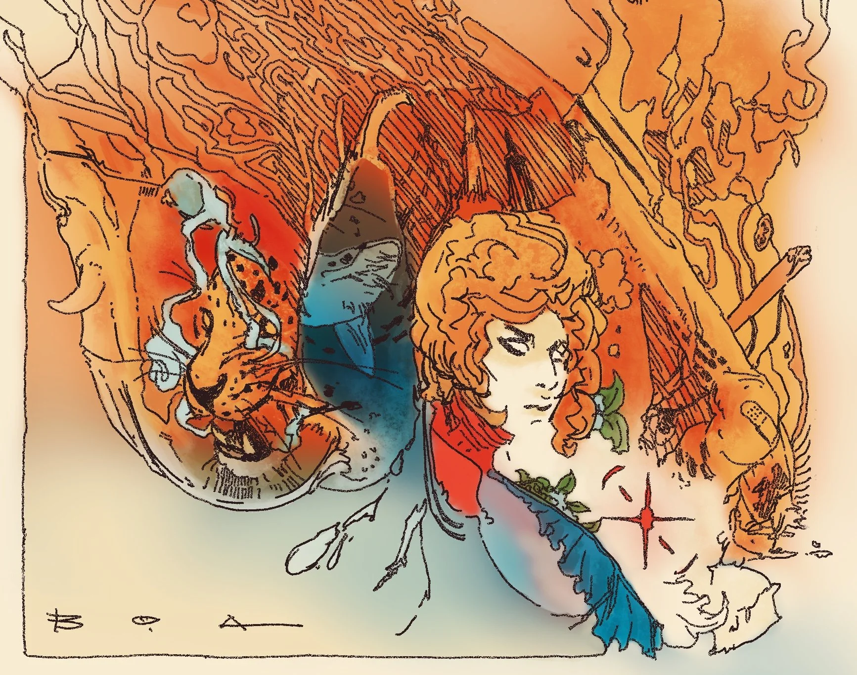 A watercolor-style drawing of a woman with red hair and a red and white outfit, holding a blue feather, with a tiger lying beside her.