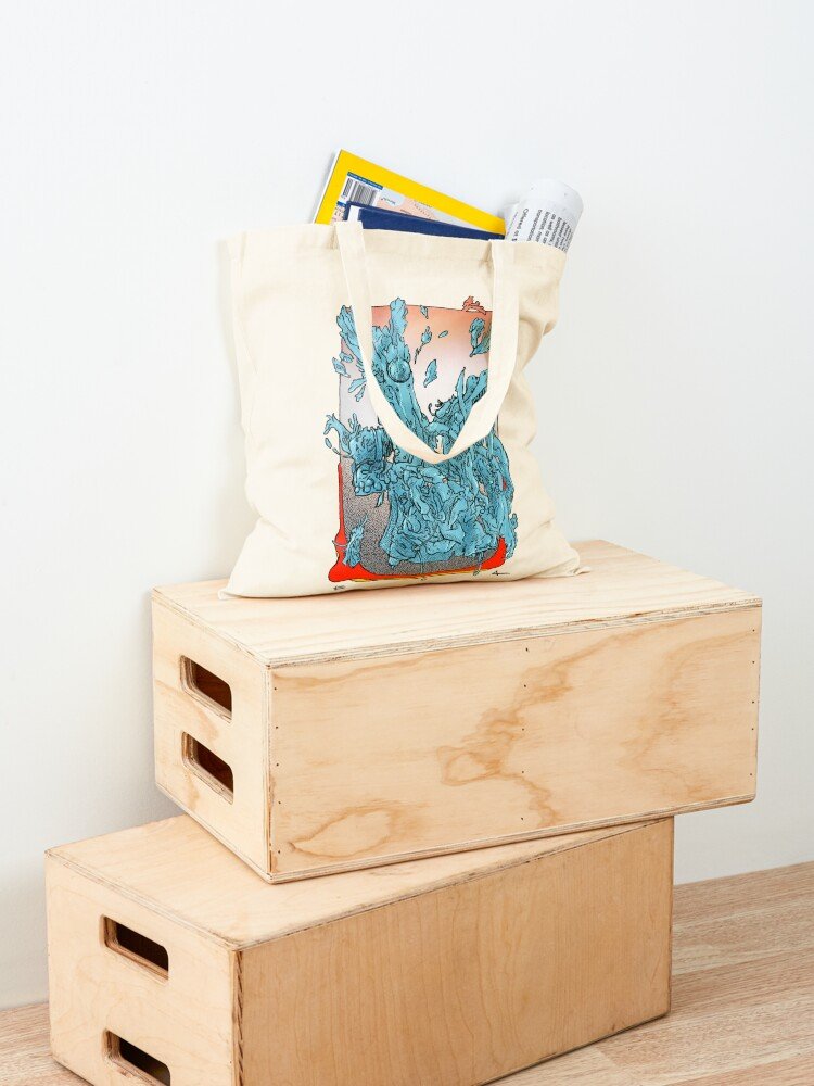 A canvas tote bag resting on two wooden crates, with groceries partially visible inside
