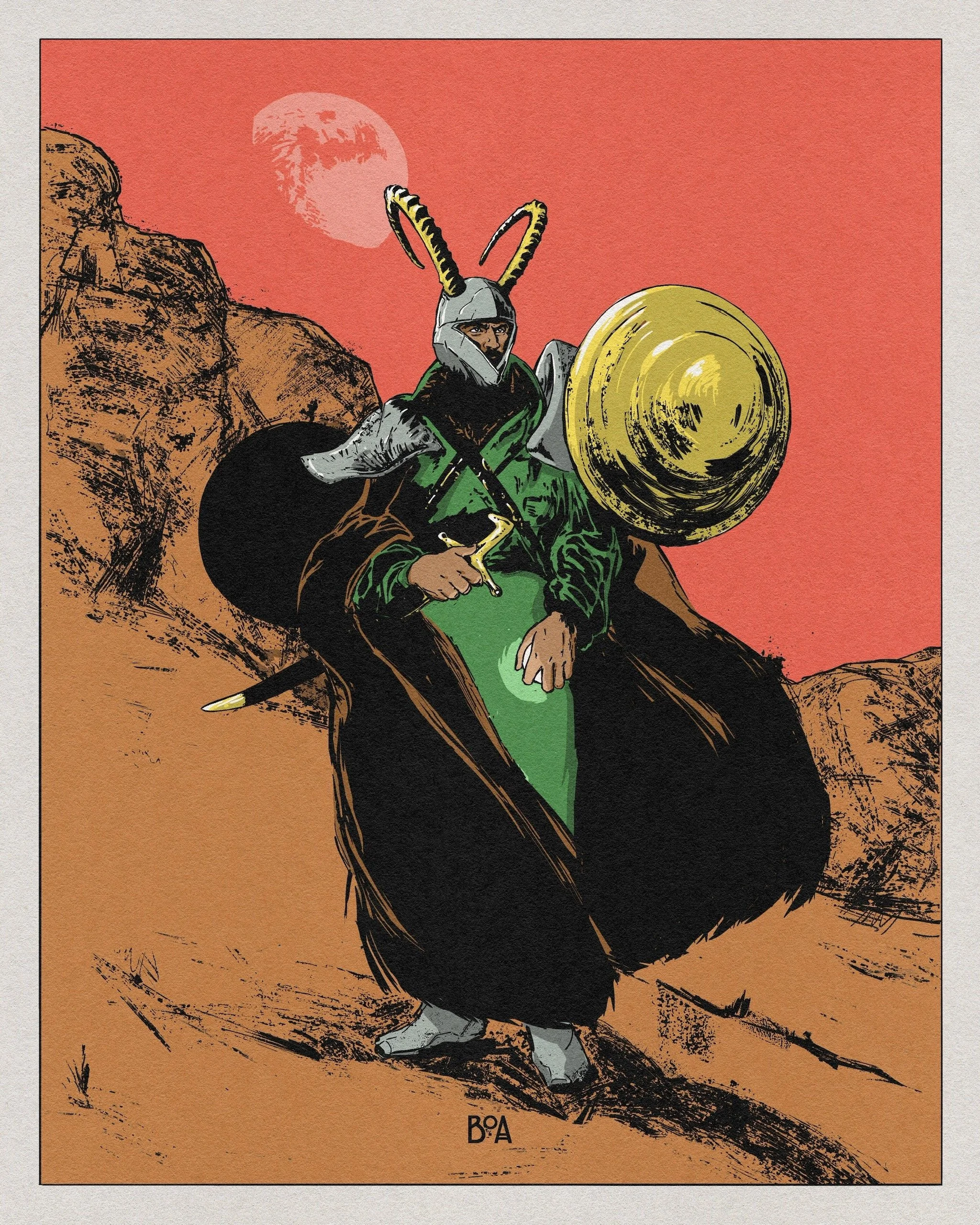 A warrior dressed in a green outfit, with a silver helmet featuring large yellow and black antennae, holding a sword and shield, standing on a rocky landscape with a large red moon in the background.