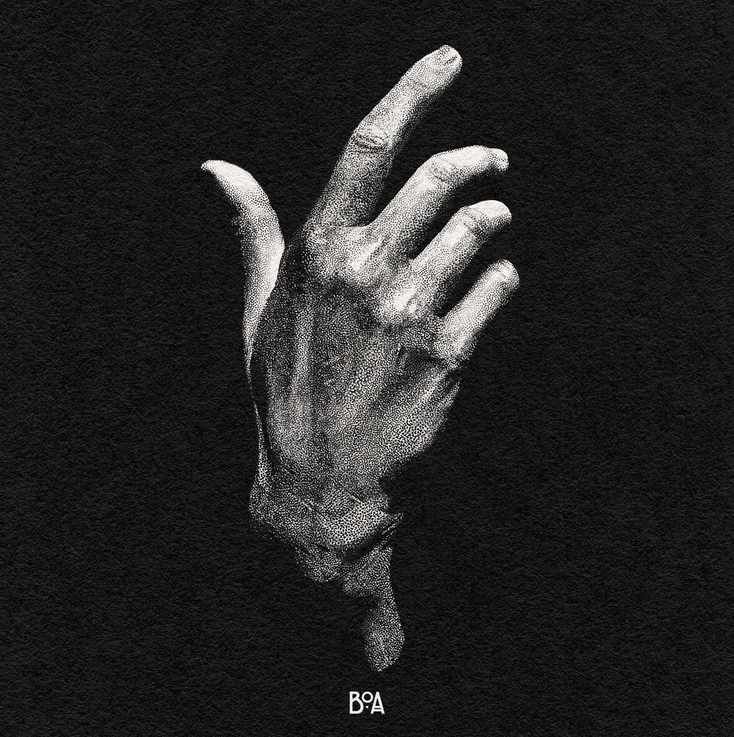 Black and white illustration of a human hand with fingers slightly curved, appearing to be in a delicate gesture, against a dark textured background.