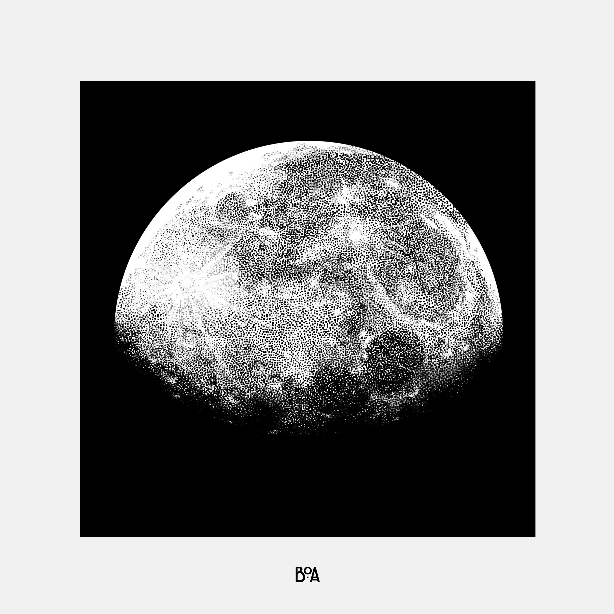 Black and white artistic illustration of the moon with detailed craters and surface features.